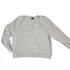 Talbots Petite Ivory White Pointelle Leaf Yoke Cotton Wool Sweater LP VN5400